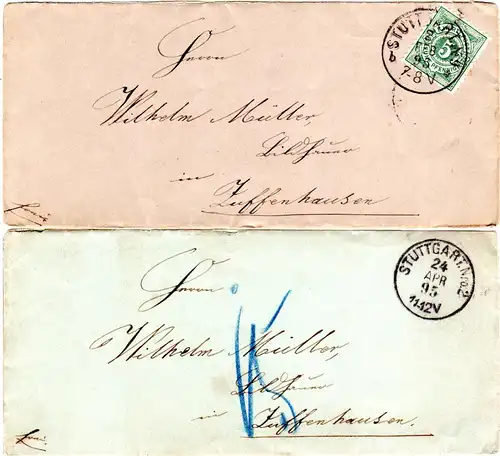Württemberg 1893/95, 2 Orts Briefe v. Stuttgart, 1mal m. Zuffenhausen Nachporto