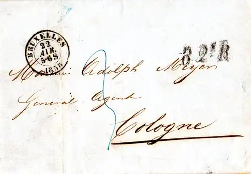 Belgien 1858, Brief v. Bruxelles n. Preussen m. Transit-L1 B.2eR