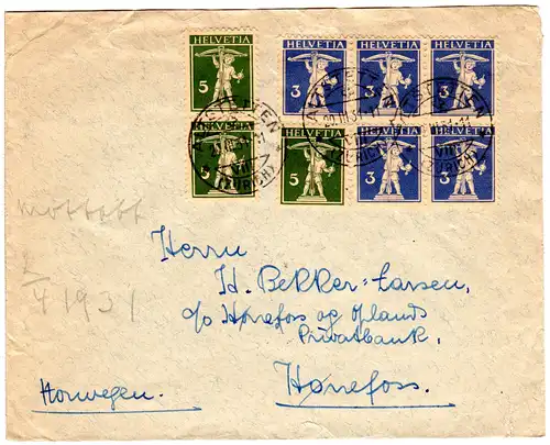 Schweiz 1931, 5er-Block 3 C.3x5 C. Tellknabe auf Brief v. Altstetten n. Norwegen