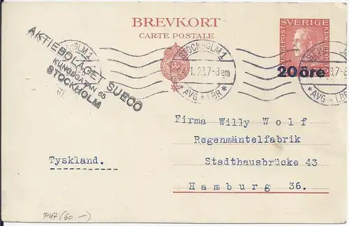 Schweden 1923, 20 öre Überdruck Ganzsache gebr. n. Deutschland. P47 (60.-)