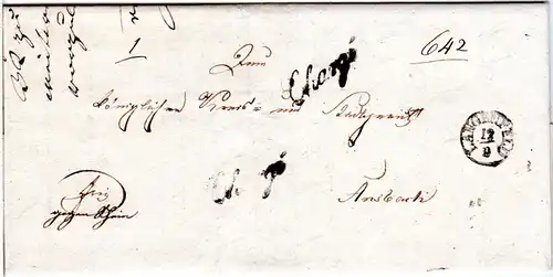 Bayern 1846, Fingerhut Stpl. LANGENFELD u. 2x Chargé auf Brief n. Ansbach.