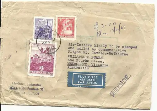 Österreich 1967, 3 Marken auf Luftpost Drucksachen Schleife n. Australien! 