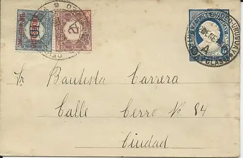 Uruguay 1905, 2+1/10 C. Provisorio Porto Marken auf Ganzsache Brief v Montevideo