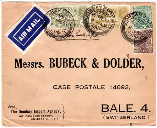 Indien 1932, 4 Marken auf Brief v. Bombay i.d. CH  m. gr. blauen AIR MAIL label