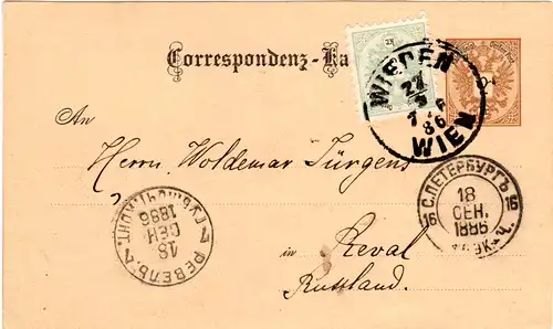 Österreich 1886, 3 Kr. auf 2 Kr. Ganzsache v. WIEDEN WIEN n. Reval, Estland