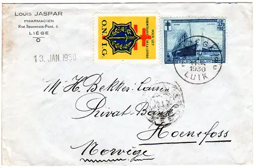 Belgien 1930, 1,75 Fr. Zuschlags- u. Tubekulosemarke auf Brief n. Norwegen