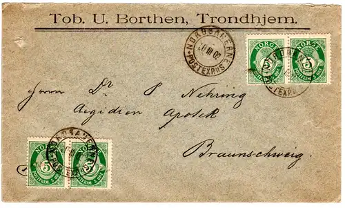 Norwegen 1902, MeF 4x5 öre auf Firmen Brief v. Trondhjem n. Deutschland.