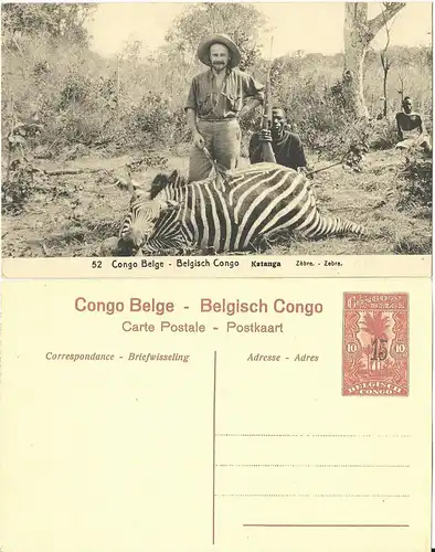 Belgisch Congo, ungebr. 15/10 C. Bild Ganzsache m. Abb. Jäger m. Zebra. H&G55