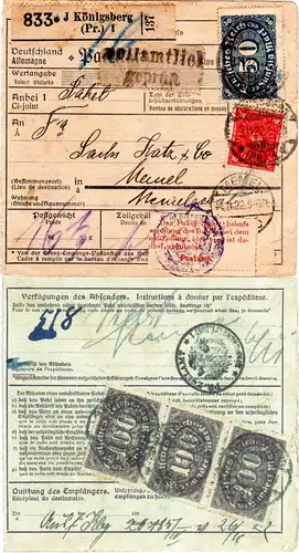 DR 1922, 5 Marken vorder- u. rücks. auf Paketkarte v. Königsberg m. Zollstempel