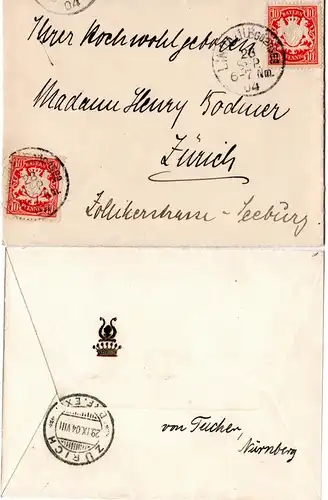 Bayern 1904, 2x10 Pf. auf Adels Brief m. Präge Wappen v. Lindau i.d. Schweiz