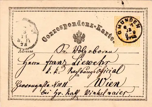 Österreich 1873, kl. K1 GMUNDEN klar auf 2 Kr. Ganzsache