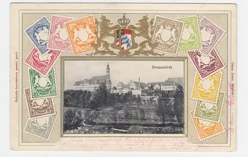 Donauwörth, m. Bayern Wappen, 1909 gebr. Briefmarken Präge AK