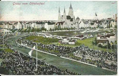 Gruss vom Oktoberfest, 1908 gebr. München Farb AK m. Pferderennbahn