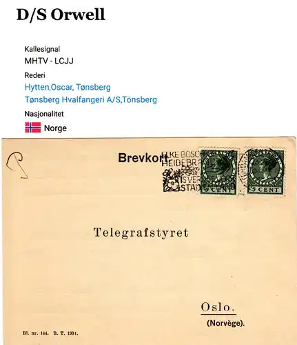 NL 1937, 2x5 C. auf Norwegen Radiotelegrafist Karte Schiff S/S Orwell