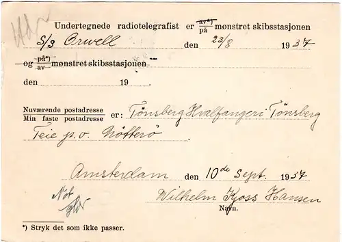 NL 1937, 2x5 C. auf Norwegen Radiotelegrafist Karte Schiff S/S Orwell