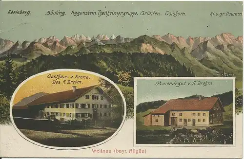 Weitnau, 1920 gebr. Farb-AK m. Gasthaus z. Krone u. Ökonomiegut v. A. Brehm 