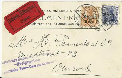 Belgien 1917, 8+25 C. auf Eilboten Firmen Karte v. Sint-Niklaas. Zensur!