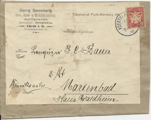 Bayern 1898, EF 10  Pf. auf Zeitungs Schleife v Fürth n. Marienbad, Österreich