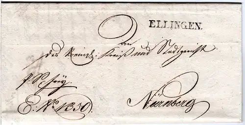 Bayern 1827, L1 ELLINGEN klar auf schönem Franko Brief n. Nürnberg.