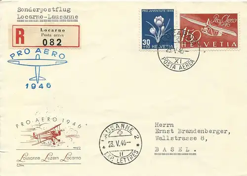 Schweiz 1946, Pro Aereo Flug Locarno - Lausanne, Einschreiben Brief 