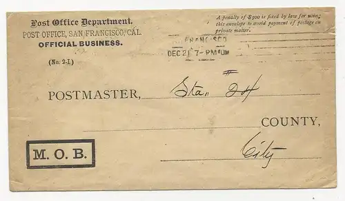 USA 1900, San Francisco PO Official Bussiness cover, local usage.