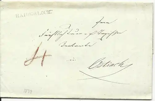 Württemberg 1838, L1 HAIGERLOCH klar auf Porto Brief n. Ostrach