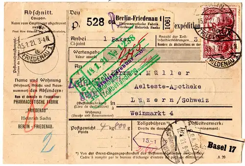 DR 1921, 3x2,50 Mk.+50 Pf. vorder- u. rs. auf Paketkarte v. Berlin i.d. Schweiz.