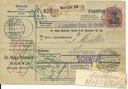 DR 1914, EF 80 Pf. auf Paketkarte v. Berlin i.d. Schweiz. Hds. Leitzettel!