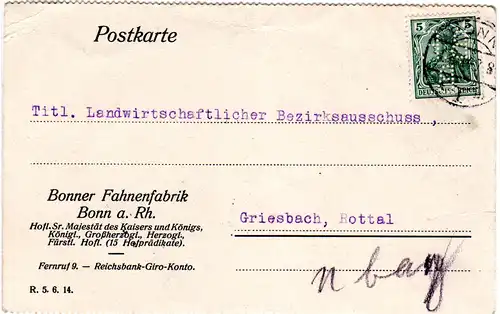 DR 1914, 5 Pf. m. perfin auf Firmenkarte v. Bonn