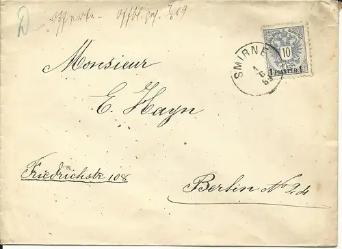 Österreich Levante 1889, 1 Pia. auf Brief v. SMIRNE n. Berlin