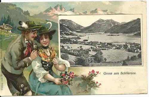 Gruss aus Schliersee m. Paar in Tracht, 1906 gebr. Präge AK.
