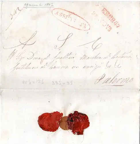 Italien Sicilia 1847, L2 Messina u. Oval-Stpl. ASSICURATA auf Brief n. Palermo 