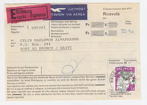 Schweiz 1974, 10 C. auf Recepisse f. Luftpost Eilboten Paket v. Lugano n. Haiti