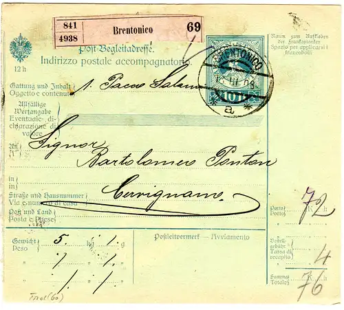 Österreich 1908, Südirol-Stpl. BRENTONICO auf Paketkarte m. rücks. Portomarke