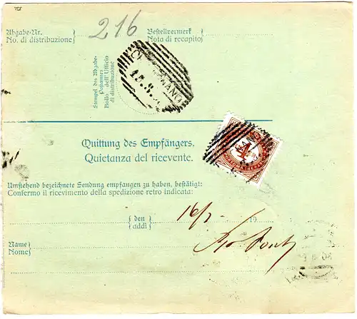 Österreich 1908, Südirol-Stpl. BRENTONICO auf Paketkarte m. rücks. Portomarke