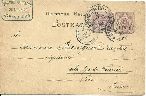 DR 1876, Klaucke Stpl. Strassburg 2b auf Ganzsache m. Zusatzfrankatur 