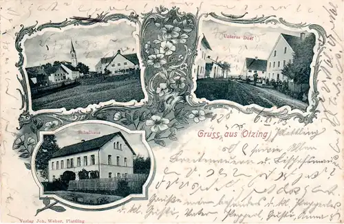 Gruss aus OTZING m. Gasthof u. Schulhaus, attraktive 1905 gebr. sw-AK