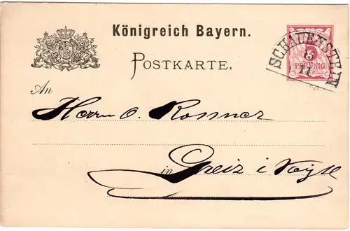 Bayern 1883, HKS SCHAUENSTEIN klar auf 5 Pf. Ganzsache