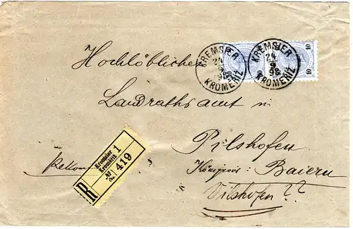 Österreich 1898, Paar 10 Kr. auf schönem Reko Brief v. KREMSIER n. Bayern