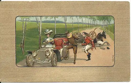 Automobil, Oldtimer - Pferdegespann - Unfall, attraktive ungebr. Farb Präge AK