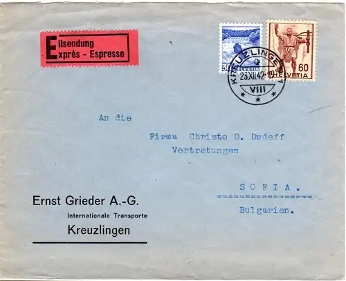 Schweiz 1942, 30+60 C. auf Express Brief v. Kreuzlingen n. Bulgarien.