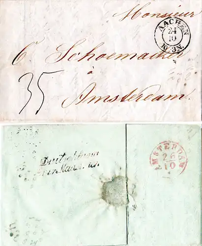 Preussen 1844, K2 AACHEN auf Porto Brief n. NL m. rücks. Transitstpl.