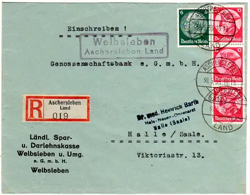 DR 1933, WELBSLEBEN Aschersleben Land, Landpost Stpl. auf Einschreiben Brief 