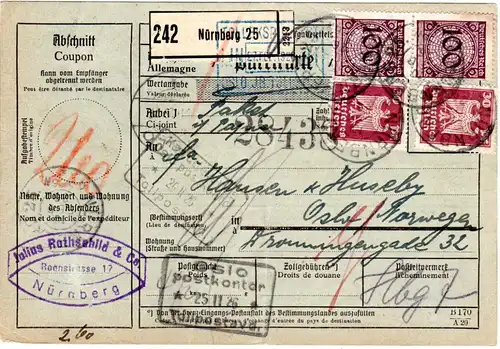 DR 1926, 2x30+2x100 Pf. auf Paketkarte v. Nürnberg n. Norwegen