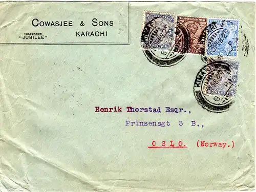 Indien 1927, 4 Marken auf Firmen Brief v. KIMARI n. Oslo Norwegen. Destination!