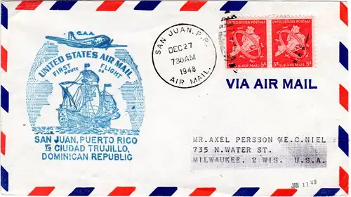 USA 1948, 2x5 C. on 1st flight cover from Puerto Rico to Dominican Republic