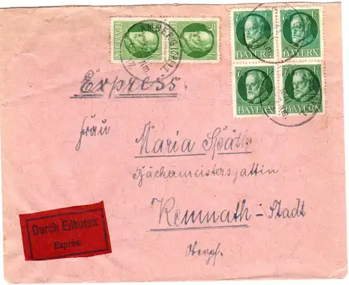 Bayern 1917, 4er-Block 7 1/2+Paar 5 Pf. auf Eilboten Brief v. Amberg n. Kemnath
