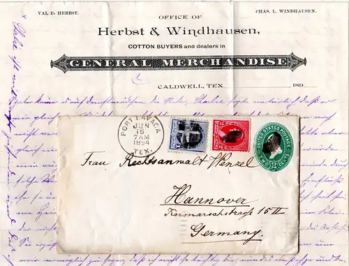 USA 1894, 1+2 C. on 2 C. stationery cover from Port Lavaca Texas to Germany