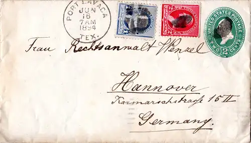 USA 1894, 1+2 C. on 2 C. stationery cover from Port Lavaca Texas to Germany