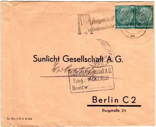 DR 1938, 2x6 Pf. Ganzsachen Ausschnitte auf Brief v. Braunschweig